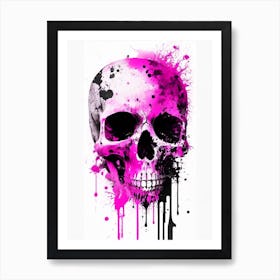 Skull With Watercolor Or Splatter 1 Effects Pink Linocut Art Print