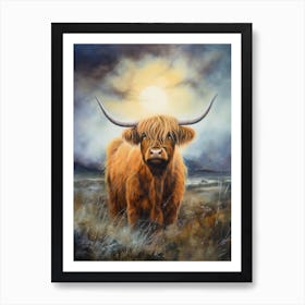 Watercolour Of Highland Cow In The Moonlight Art Print