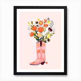 Pink Cowboy Boot And Flower Bouquet Art Print
