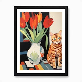 Tulip Flower Vase And A Cat, A Painting In The Style Of Matisse 1 Art Print