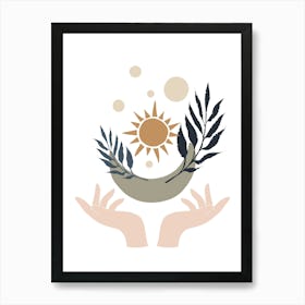 Sun And Leaves In Hands Art Print