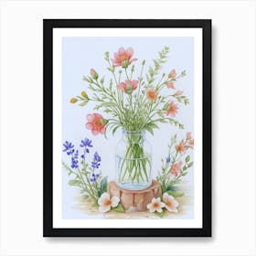 Watercolor Flowers In A Glass Vase Art Print