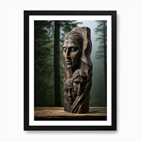 Weathered Wooden Sculpture Carved Human Features Detailed Grain Pattern Reminiscent Of Ancient Ar Art Print