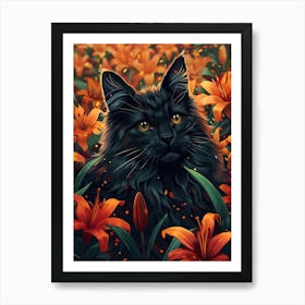 Black Cat In Lilies Art Print