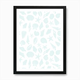 Scattered Seashell Shapes Light Blue on White Art Print