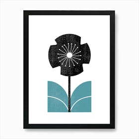 Minimalist Nordic Flower 2 - Blue Black Art Print