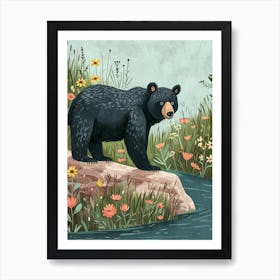 American Black Bear Standing On A Riverbank Storybook Illustration 1 Art Print