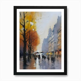 Acquerello urban paesaggio, with great contrasts of warm and freddi colors, Autumn, con grandi contrasti di colori caldi e freddi, Rainy Day Art Print