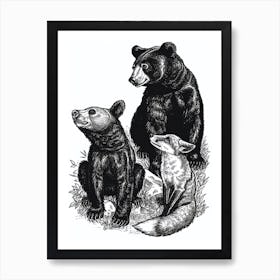 Malayan Sun Bear And A Fox Ink Illustration 2 Art Print