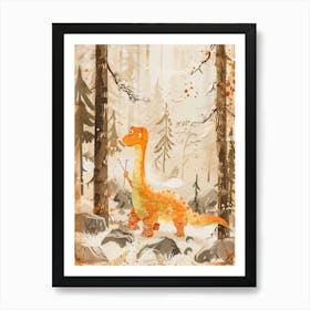 Orange Dinosaur Collecting Sticks Storybook Style Art Print