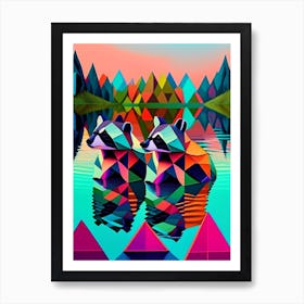 Two Raccoons Swimming In Lake Modern Geometric 3 Art Print