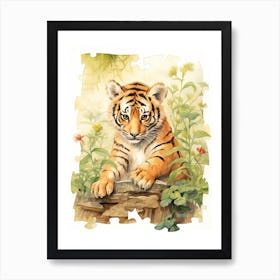 Tiger Illustration Solving Puzzles Watercolour 4 Art Print