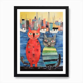 Two Abstract Cats Watching Over The Docks Art Print
