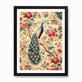 Vintage Peacock Wallpaper With Vibrant Flowers  3 Art Print