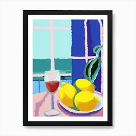 Painting Of A Lemons And Wine, Frenchch Riviera View, Checkered Cloth, Matisse Style 1 Art Print