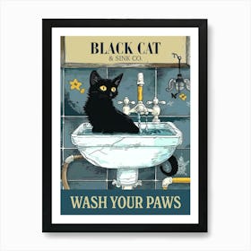 Black Cat Wash Your Paws Poster Bathroom Decoration Print Animal Picture Vintage Art Print