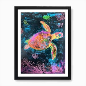 Neon Sea Turtle In The Sea At Night 3 Art Print