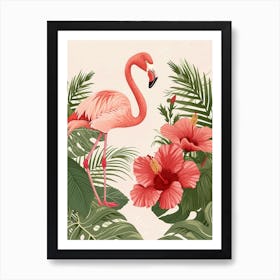 Lesser Flamingo And Hibiscus Minimalist Illustration 2 Art Print