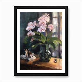 Flower Vase Orchids With A Cat 2 Impressionism, Cezanne Style Art Print