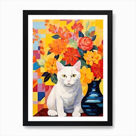 Hydrangea Flower Vase And A Cat, A Painting In The Style Of Matisse 3 Art Print