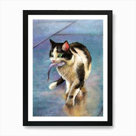 Cat with a fish Art Print