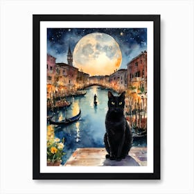 Black Cat in Venice - Iconic Blue Canals and Gondolas on a Full Moon Dreamy Cityscape  Traditional Watercolor Art Print Kitty Travels Home and Room Wall Art Cool Decor Klimt and Matisse Inspired Modern Awesome Cool Unique Pagan Witchy Witches Familiar Gift For Cat Lady Animal Lovers World Travelling Genuine Works by British Watercolour Artist Lyra O'Brien   Art Print