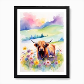 Highland Cow in meadow Art Print