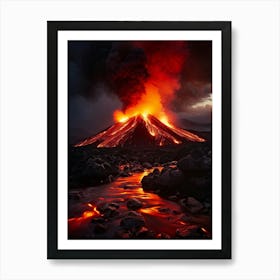 Molten Lava Erupting Dynamically Fiery Reds And Oranges Gleaming Against A Dark Volcanic Landscape Art Print