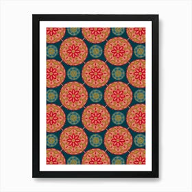 MOSAIQUE Bohemian Floral Mandala Tiles in Exotic Red Green Blush Sand Blue on Dark Teal Art Print