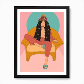 woman with curly flower hair Art Print
