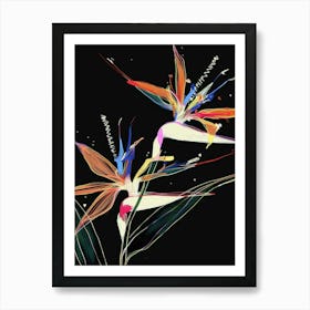 Neon Flowers On Black Bird Of Paradise 1 Art Print