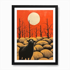 Sheep, Woodblock Animal  Drawing 2 Art Print