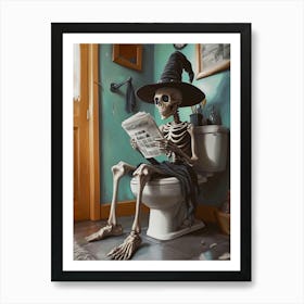 Skeleton Reading Newspaper in the toilet Art Print