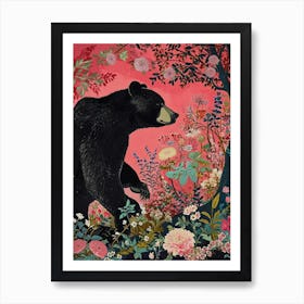 Floral Animal Painting Black Bear 2 Art Print