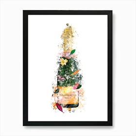 Brut Champagne Bottle With Butterfly And Pretty Flowers, Green, Gold, Yellow Art Print