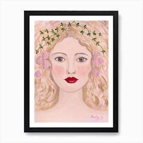Woman Portrait With Pink Flowers Art Print