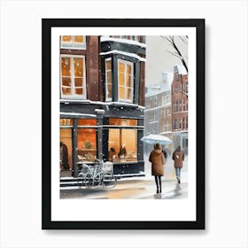 Amsterdam cafes, winter season, Christmas, autumn oil colors, pale colors, pedestrians in the street, winter clothes, falling snow.9 2 Póster