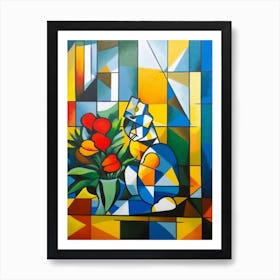 Freesia With A Cat 4 Cubism Picasso Style Art Print