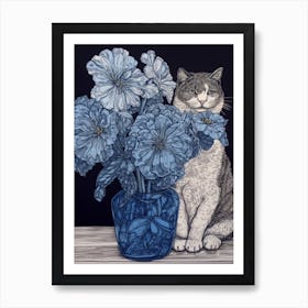 Drawing Of A Still Life Of Delphinium With A Cat 3 Art Print