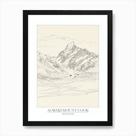 Aoraki Mount Cook New Zealand Line Drawing 1 Poster Art Print