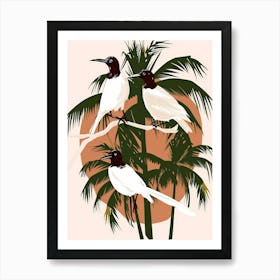 Three Birds Perched On A Palm Tree Art Print