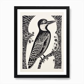 B&W Bird Linocut Woodpecker 1 Art Print