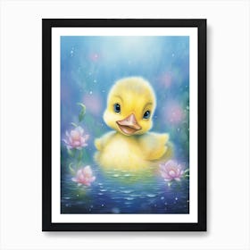 Cute Duckling In The Pond At Night Illustration 2 Art Print