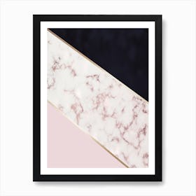 Mixed Baby Pink Gold Marble And Dark Blue Abstract With Gold Trim Art Print