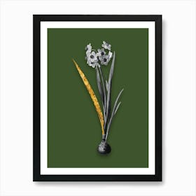 Vintage Daffodil Black and White Gold Leaf Floral Art on Olive Green n.0715 Art Print