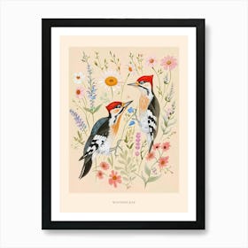 Folksy Floral Animal Drawing Woodpecker Poster Art Print