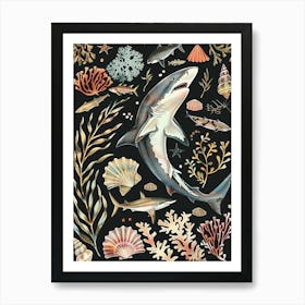 Lemon Shark Seascape Black Background Illustration 1 Art Print