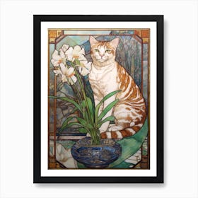 Gladoli With A Cat 4 Art Nouveau Style Art Print