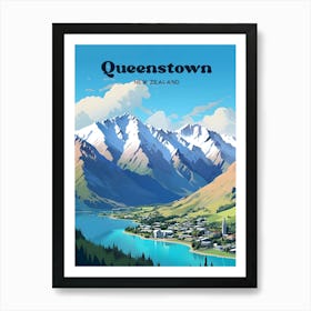 Queenstown New Zealand Mountain Travel Illustration Art Print