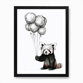 Red Panda Holding Balloons Ink Illustration 3 Art Print